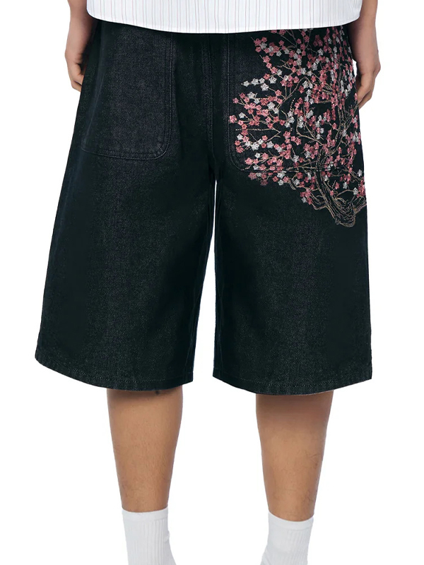 EMMIOL Pantaloncini in denim con ricamo a fiori di pesco