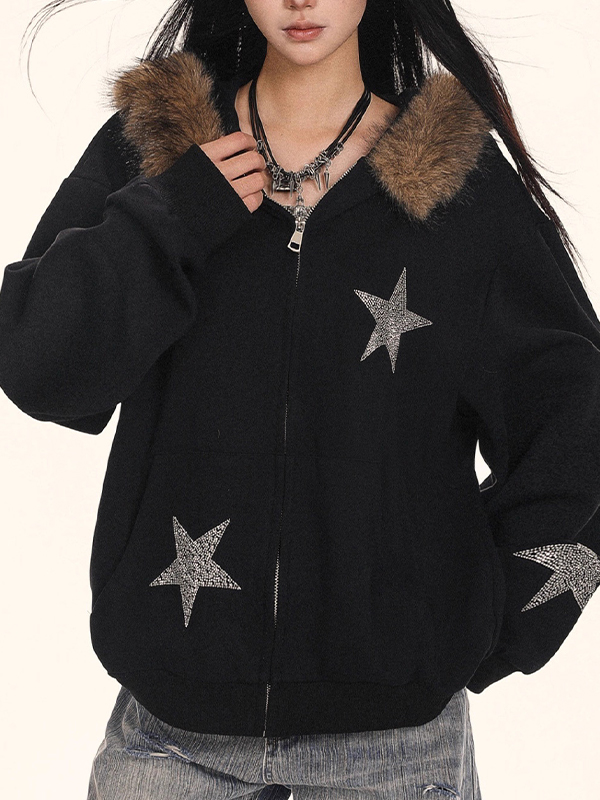 EMMIOL Sudadera retro con cuello de piel y estrellas