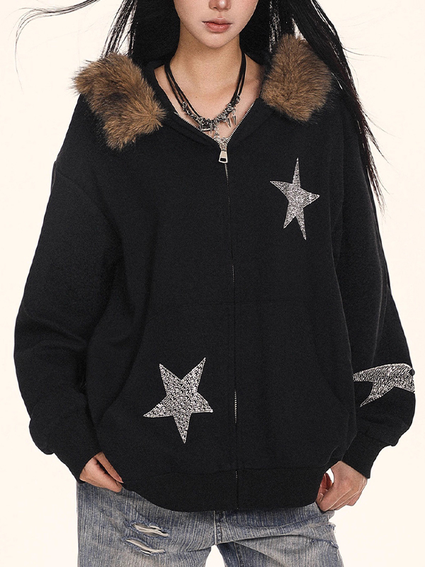 EMMIOL Sudadera retro con cuello de piel y estrellas