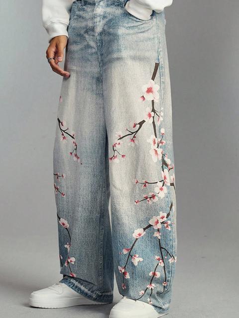 Boyfriend-Jeans mit Pfirsichblütenstickerei