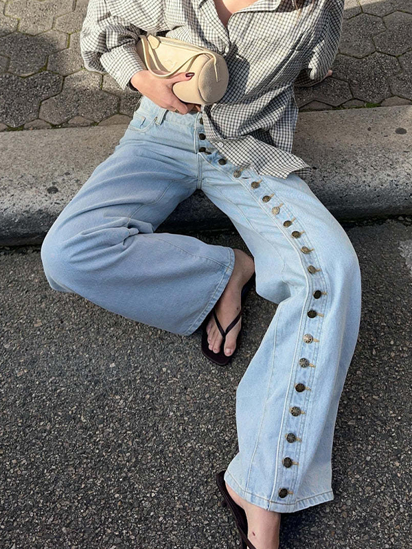 EMMIOL Vaqueros boyfriend con botones con tachuelas y una sola fila extendida