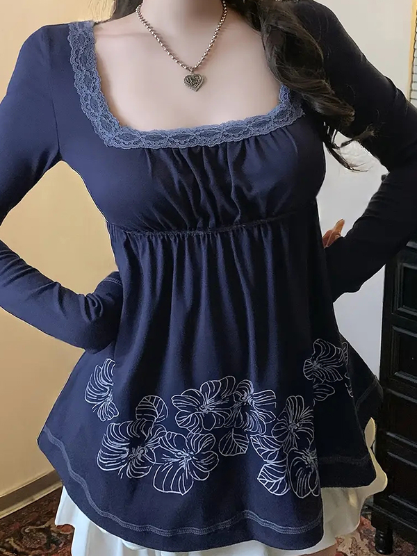 EMMIOL Manica lunga con giunture in pizzo e stampa retrò