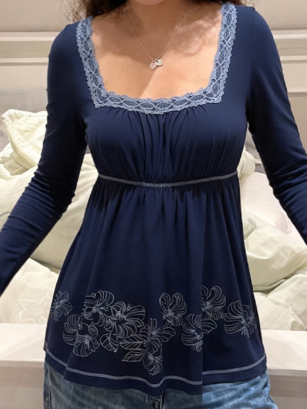 EMMIOL Manica lunga con giunture in pizzo e stampa retrò