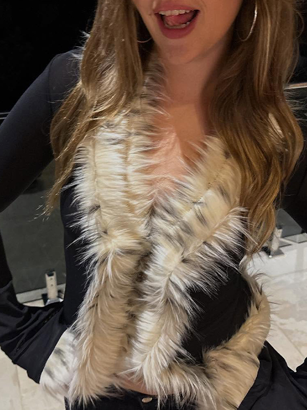 EMMIOL Sexy collo di pelliccia in tulle a maniche lunghe