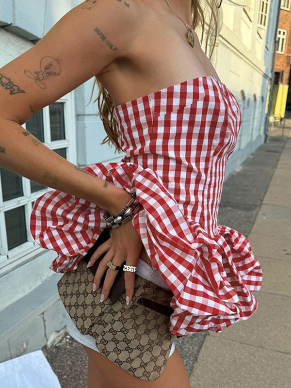 EMMIOL Top a fascia con motivo a quadri dolci