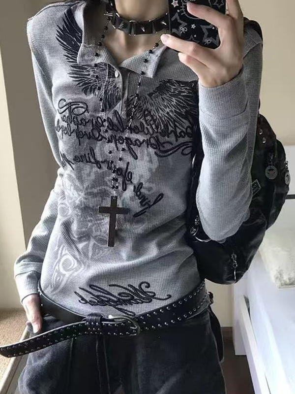 EMMIOL Manica lunga punk con stampa in metallo incrociato