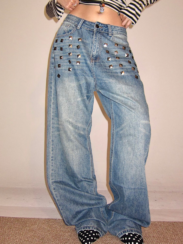 EMMIOL Vaqueros boyfriend con lavado de remaches y efecto relámpago