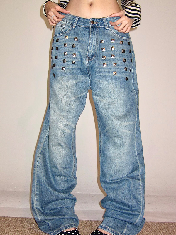 EMMIOL Vaqueros boyfriend con lavado de remaches y efecto relámpago