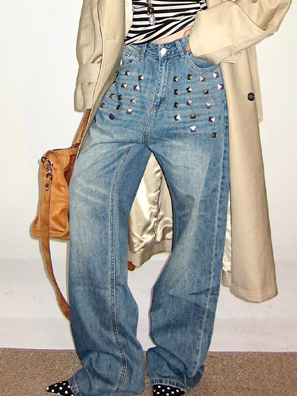 EMMIOL Vaqueros boyfriend con lavado de remaches y efecto relámpago