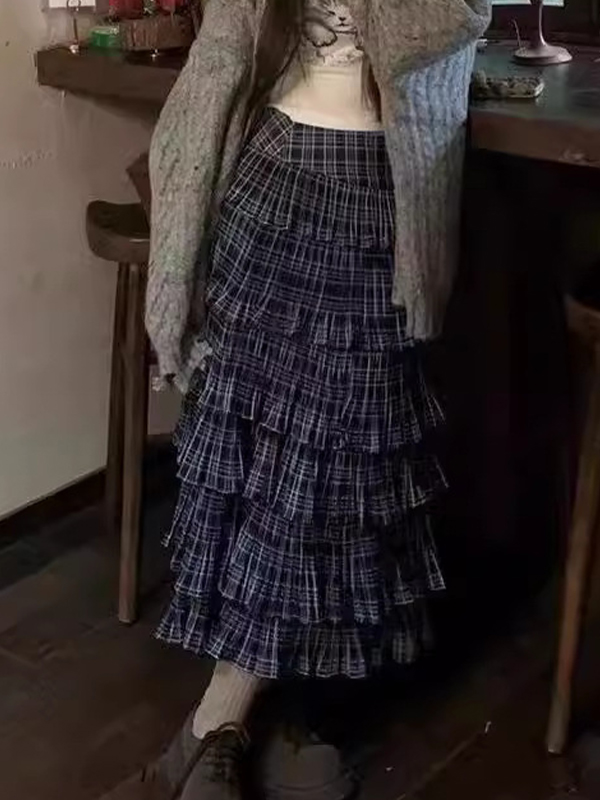 EMMIOL Blue Checkered Cake Maxi Skirt