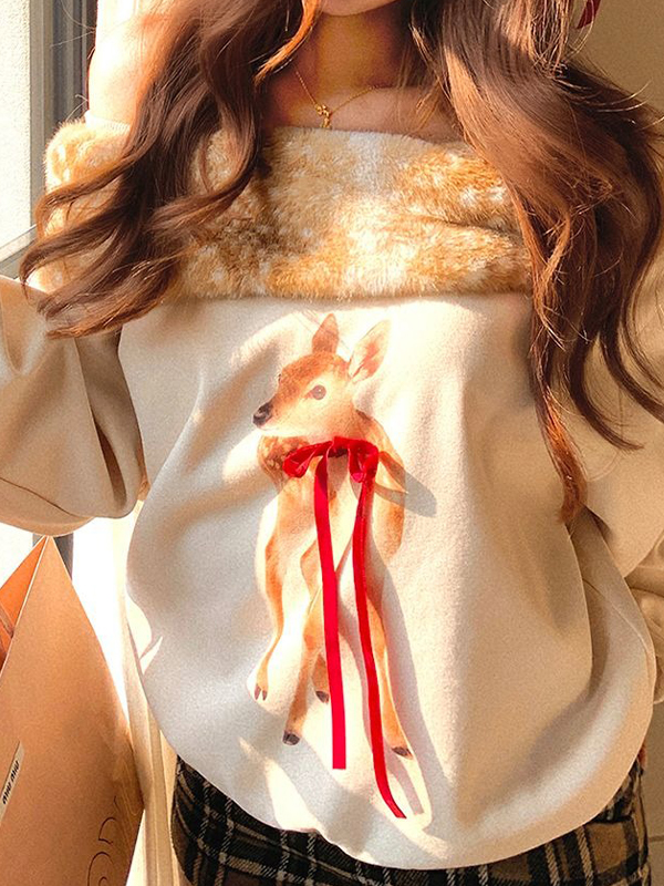 EMMIOL Fawn Print Fur Collar Long Sleeve