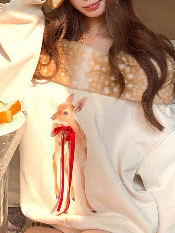 EMMIOL Fawn Print Fur Collar Long Sleeve