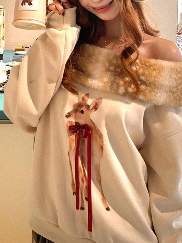 EMMIOL Fawn Print Fur Collar Long Sleeve