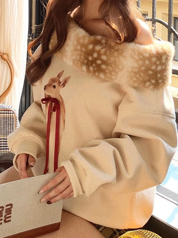 EMMIOL Fawn Print Fur Collar Long Sleeve
