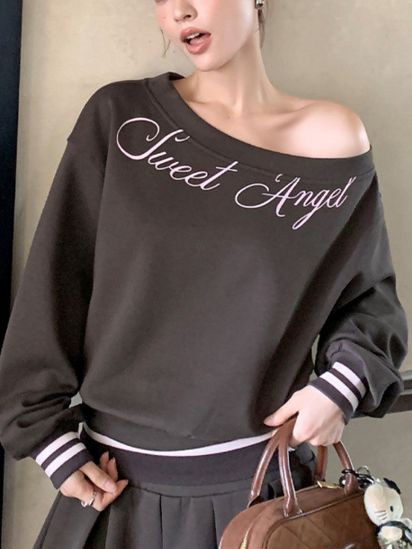 EMMIOL English Slogan Slanted Shoulder Long Sleeve