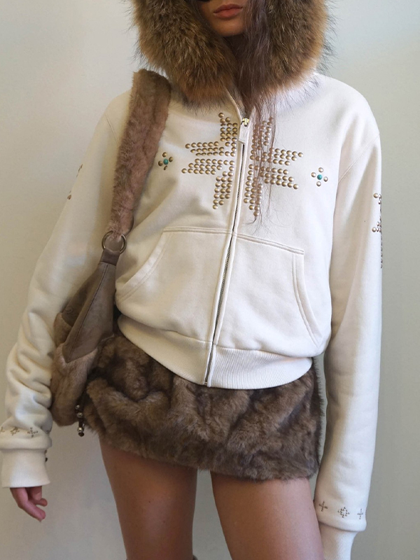 EMMIOL Faux Fur Collar With Rhinestones Jacket
