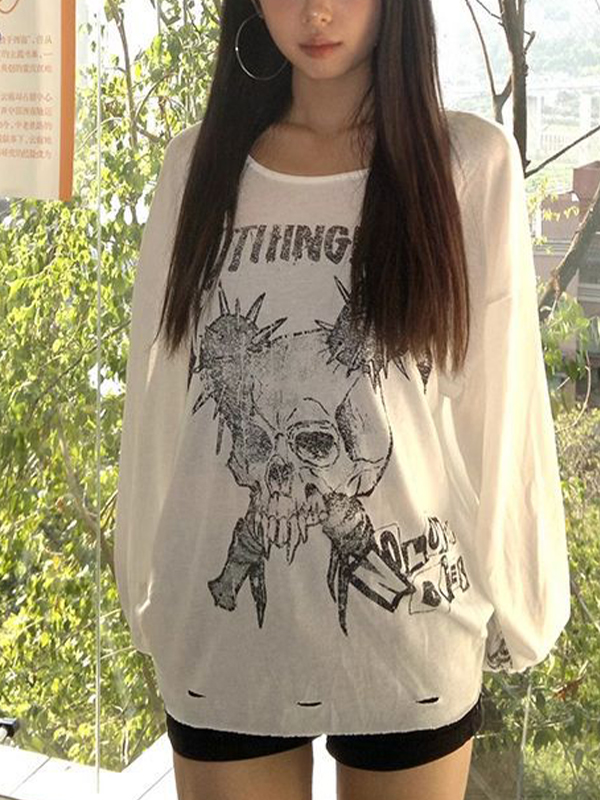 EMMIOL Skull Headline Pattern Print Long Sleeve