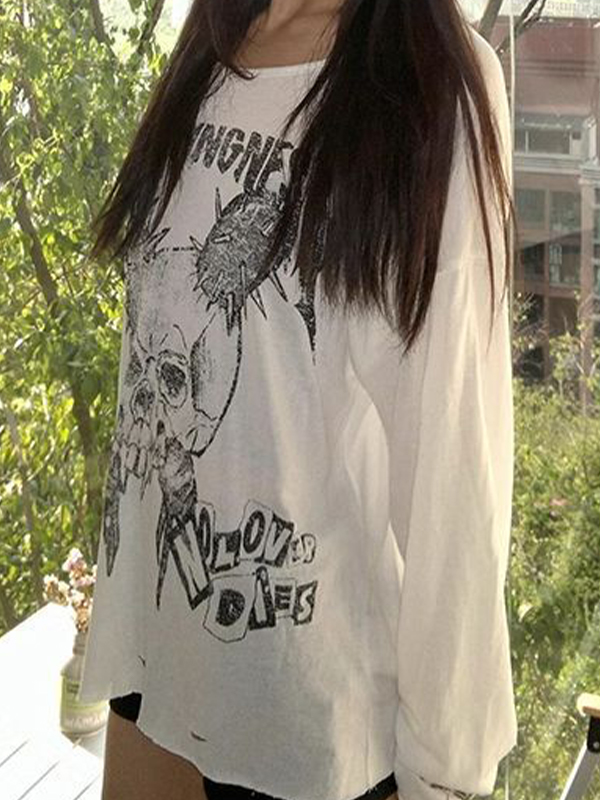 EMMIOL Skull Headline Pattern Print Long Sleeve