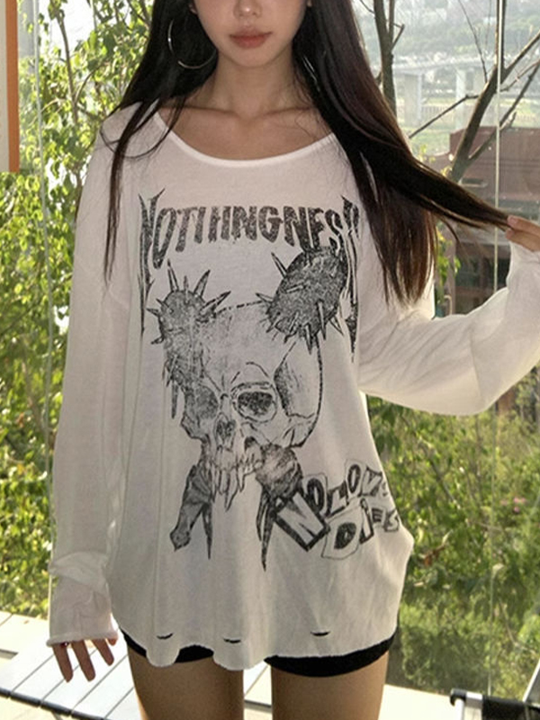 EMMIOL Skull Headline Pattern Print Long Sleeve