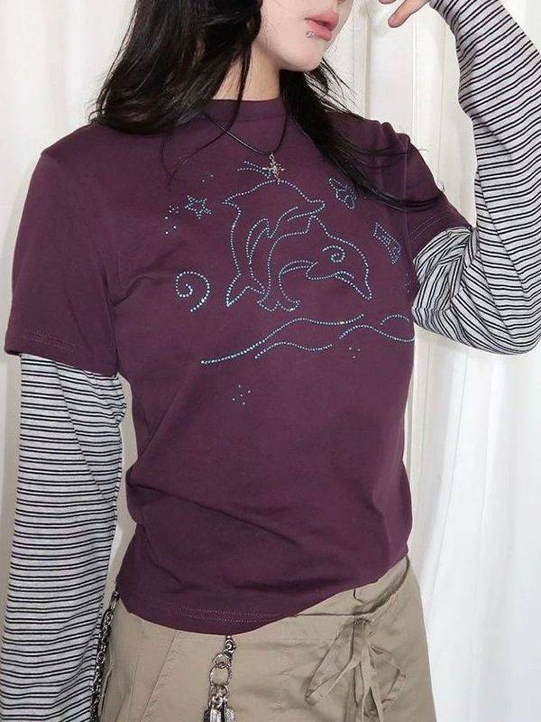 EMMIOL Pattern Hot-Fixed Rhinestones Long Sleeve