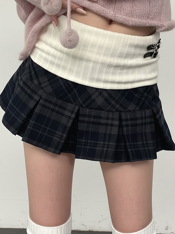 EMMIOL College-Style Spliced Pleated Mini Skirt