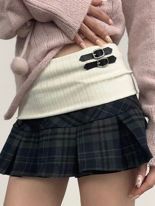 EMMIOL College-Style Spliced Pleated Mini Skirt