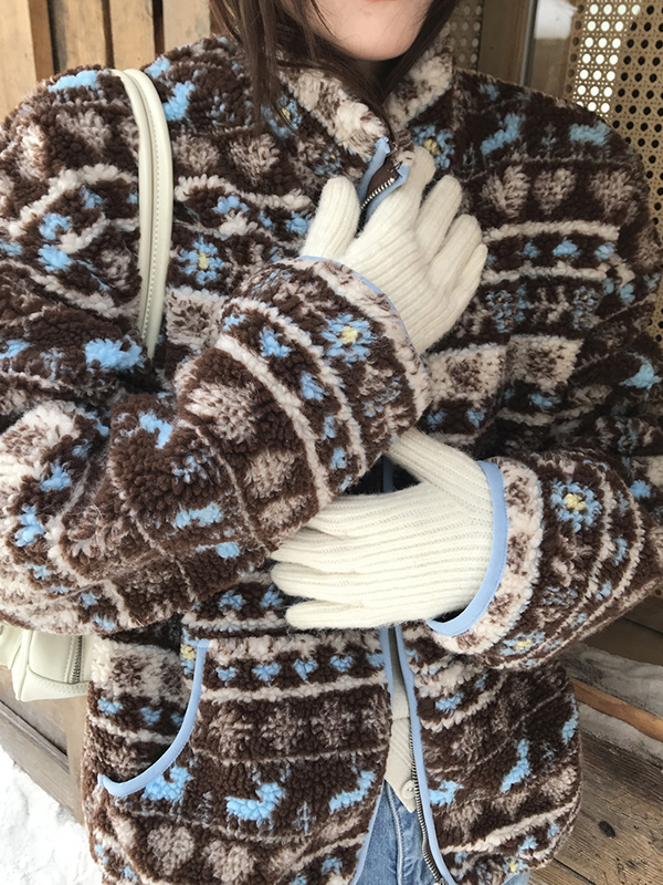 EMMIOL Stand Collar Jacquard Fleece Sweater