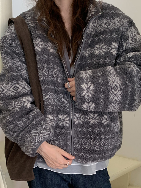 EMMIOL Stand Collar Jacquard Fleece Sweater