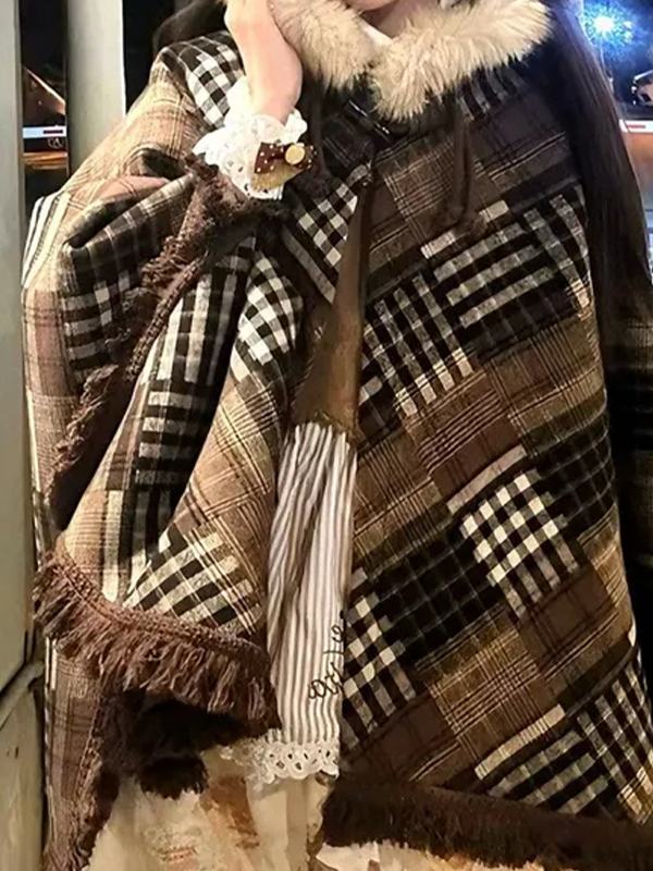 EMMIOL Mantella scozzese con cappuccio e bordi morbidi