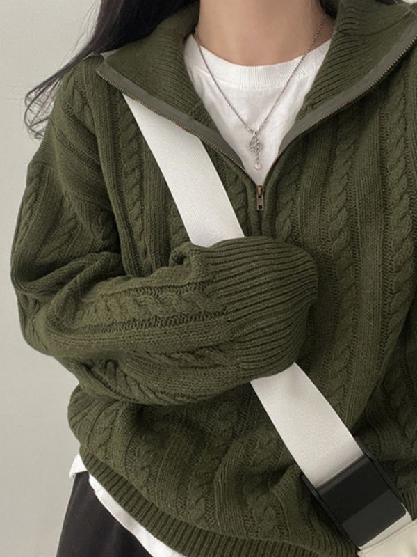 EMMIOL Maglione retrò con mezza zip intrecciata