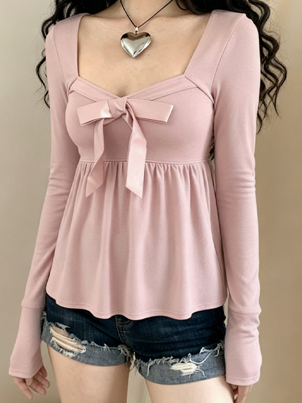 EMMIOL Bowknot Home - Maniche lunghe con scollo quadrato