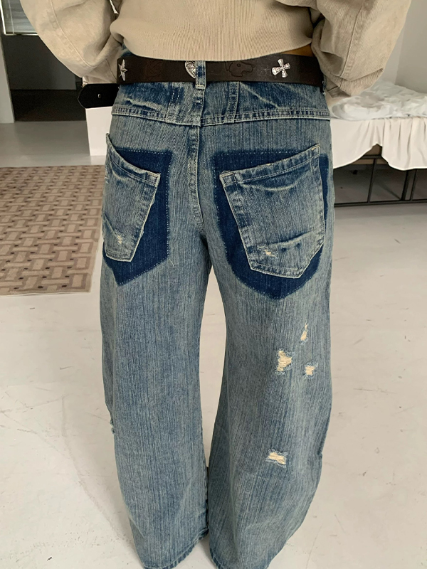 EMMIOL Jeans strappati con motivo retrò a nodi di bambù