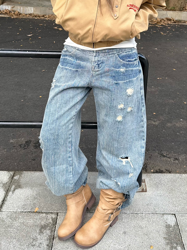 EMMIOL Jeans strappati con motivo retrò a nodi di bambù