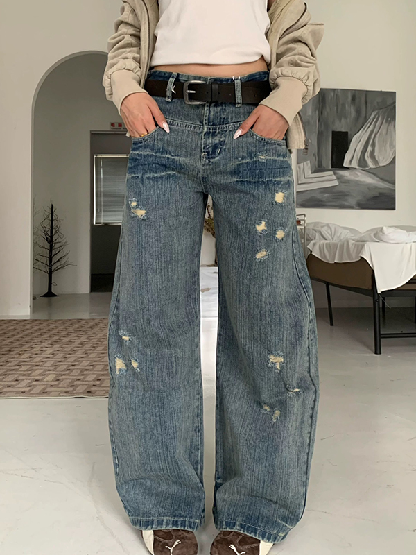 EMMIOL Jeans strappati con motivo retrò a nodi di bambù