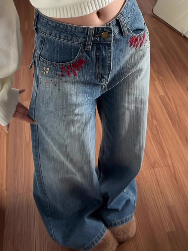 EMMIOL Jeans retrò blu ricamati