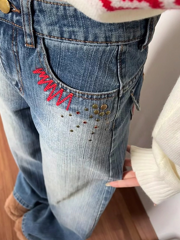 EMMIOL Jeans retrò blu ricamati