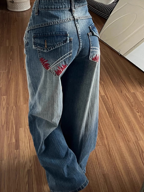 EMMIOL Jeans retrò blu ricamati