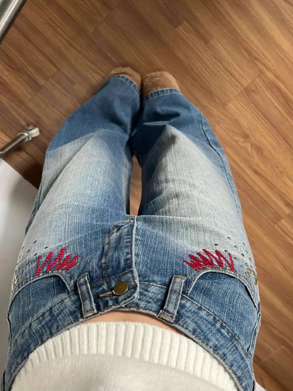 EMMIOL Jeans retrò blu ricamati