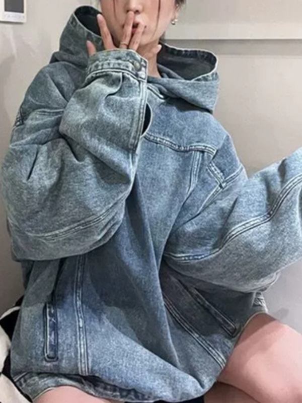 EMMIOL Felpa larga con cappuccio in finto denim