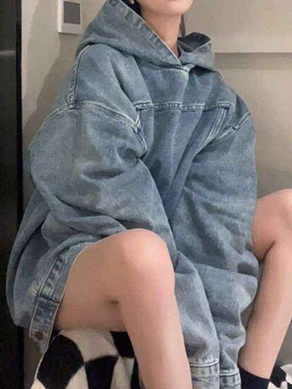 EMMIOL Felpa larga con cappuccio in finto denim