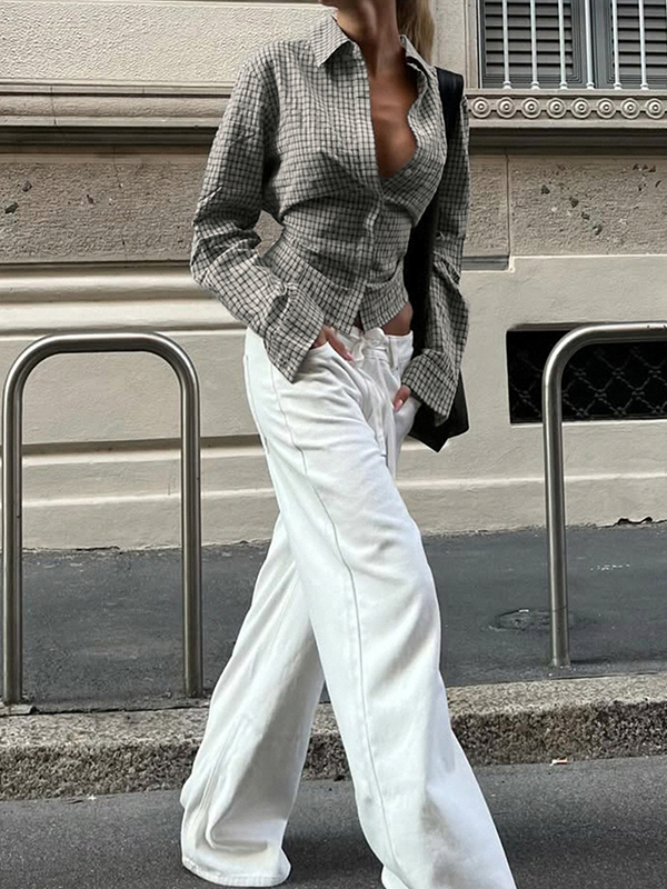 EMMIOL Camicia a quadri con scollo a V e risvolto, maniche lunghe
