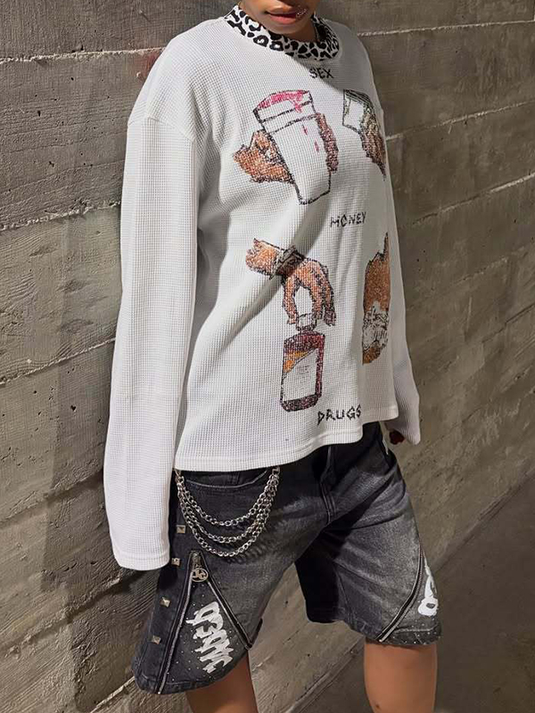 EMMIOL Y2K Leopard Print Round Neck T-Shirt Long Sleeve