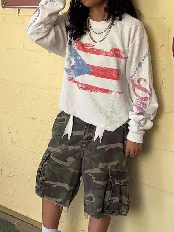 EMMIOL Retro-Sweatshirt mit amerikanischer Flagge, übergroß, langärmelig