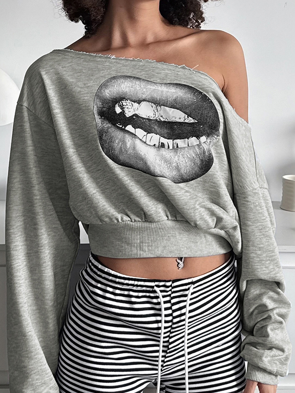 EMMIOL T-Shirt mit Lippenprint, Oversize, lange Ärmel