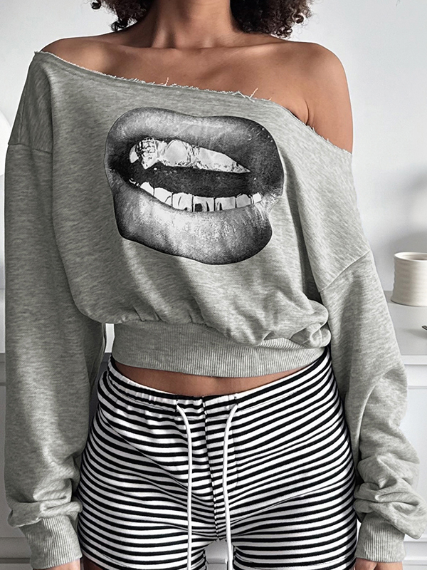 EMMIOL T-Shirt mit Lippenprint, Oversize, lange Ärmel