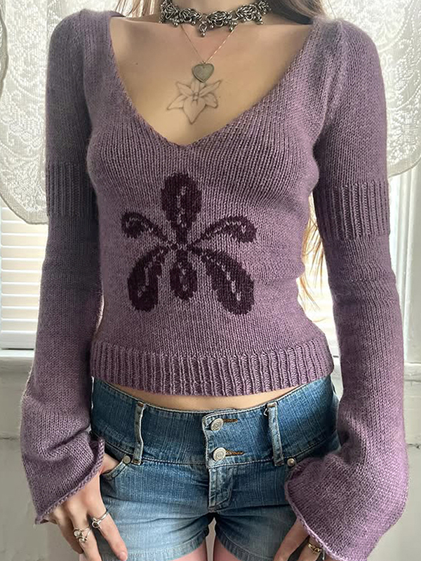 EMMIOL Maglione lavorato a maglia vintage con scollo rotondo e motivo floreale