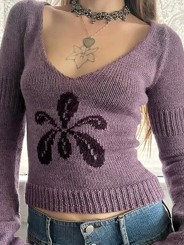 EMMIOL Maglione lavorato a maglia vintage con scollo rotondo e motivo floreale