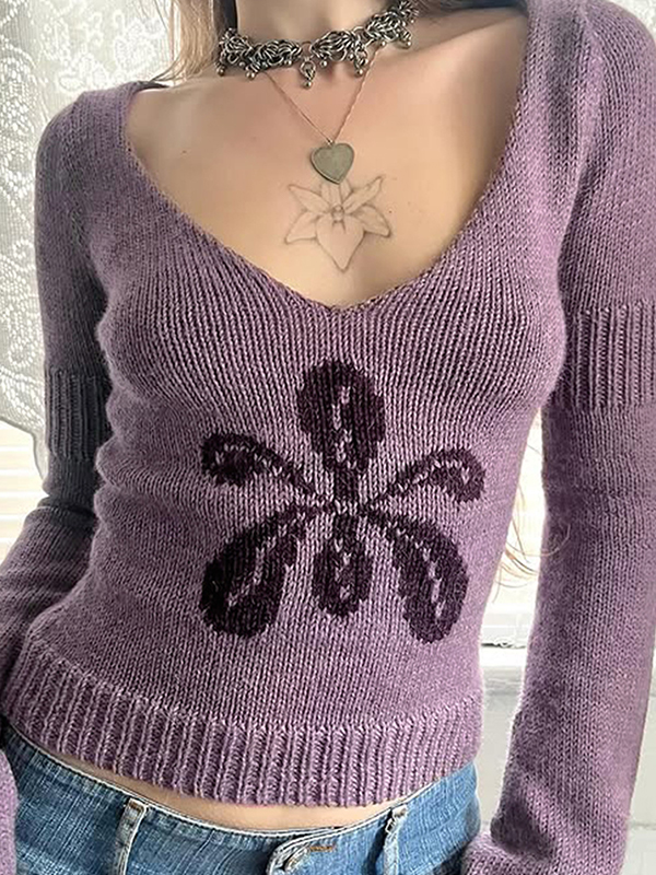 EMMIOL Maglione lavorato a maglia vintage con scollo rotondo e motivo floreale