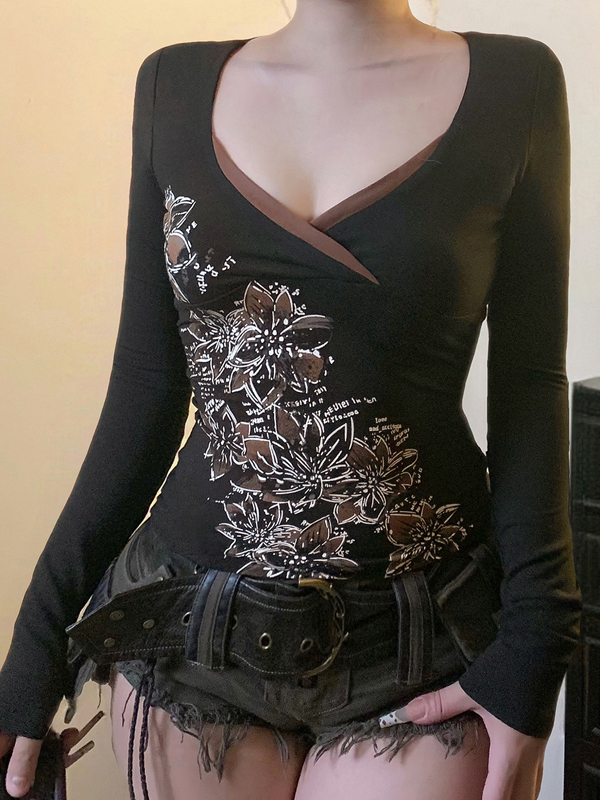 EMMIOL Camisa de manga larga ajustada con estampado floral de plantas de estilo retro