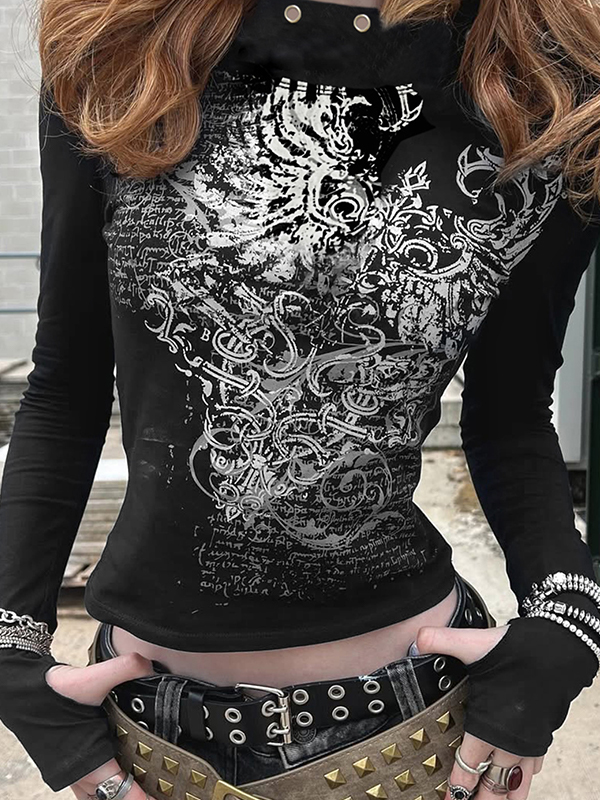 EMMIOL Dunkles Langarmshirt mit Retro-Print